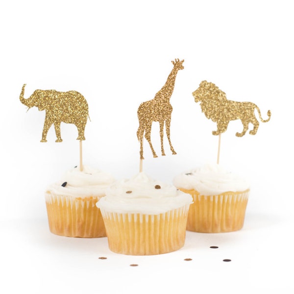 Safari Cupcake Topper, Jungle, Animal Birthday Cupcake Toppers - Gold Glitter, dozen