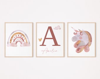 Rainbow Unicorn Nursery Print Set: Boho Initial Wall Art (Digital File)