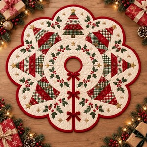 May include: A scalloped, quilted Christmas tree skirt in cream fabric featuring a repeating pattern of red and green plaid Christmas trees, holly leaves, and berries. The center opening includes three red ribbon bows for closure.