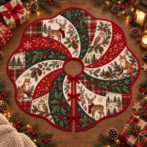 May include: A circular quilted Christmas tree skirt featuring a scalloped edge and a central opening with three red ribbon ties. The design displays alternating panels of red, green, and cream fabric decorated with deer, owls, foxes, pine trees, and holly.