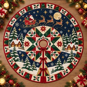 May include: A circular quilted Christmas tree skirt featuring a navy blue border with a scene of Santa in a sleigh pulled by reindeer, and a central star pattern in red, green, and cream. The design includes snowy houses, pine trees, and holly.