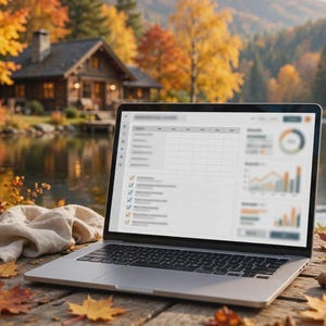 Puede incluir: Un ordenador portátil plateado que muestra una interfaz de panel borrosa con gráficos y una lista de verificación en la pantalla, colocado sobre una superficie de madera rodeada de hojas de otoño, piñas y un paño beige.