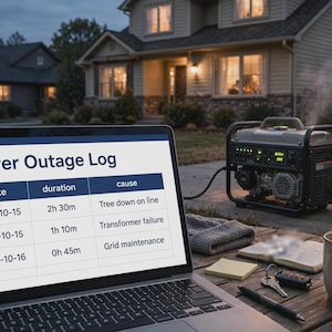 May include: A laptop screen displays a Power Outage Log table with dates, durations, and causes. In the background, a portable generator emits exhaust, and a house is visible at dusk. A coffee mug, keys, and a notebook sit on the table.