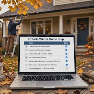 Puede incluir: Un portátil plateado que muestra una lista de control Ontario Winter Home Prep con tareas como limpiar canalones. La pantalla muestra marcas de verificación azules junto a los elementos completados, la última tarea queda vacía.