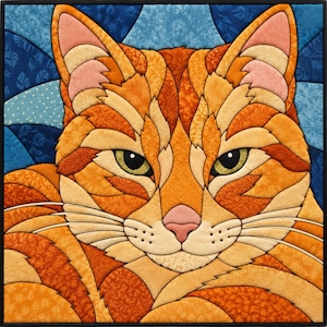 May include: A square fabric wall hanging featuring a pieced quilt design of an orange tabby cat. The cat has green eyes, a pink nose, and long white whiskers. The background consists of blue fabric segments with leaf and dot patterns.