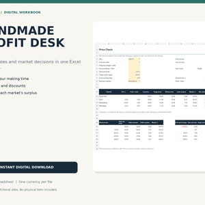 Op de afbeelding: Een digitaal werkboek getiteld HANDMADE PROFIT DESK, met een Excel-spreadsheetinterface voor prijs- en verkoopanalyse. De lay-out bevat tekstkoppen, opsommingstekens en een gegevenstabel met kolommen voor kanalen, kosten en winstmarges.