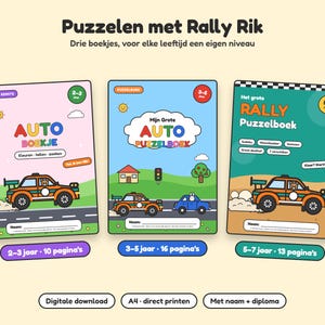 Può includere: Tre libri di attività educativi intitolati Puzzelen met Rally Rik, con illustrazioni colorate di auto, un personaggio orso e vari puzzle per bambini dai due ai sette anni, con testo che indica il numero di pagine e le opzioni di download digitale.
