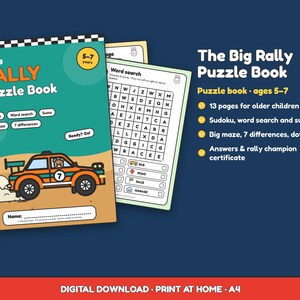Car Puzzle Book Ages 5-7 Printable Worksheets Sudoku Word Search Math Maze Rally Car Activity Book Instant Download PDF