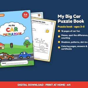 Car Puzzle Book Kids Ages 3-5 Printable Activity Book Mazes Counting Dot to Dot Coloring Pages Car Theme Instant Download PDF