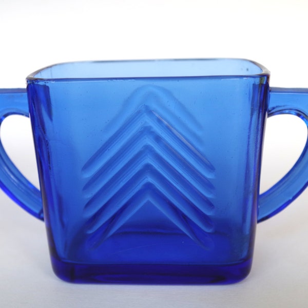 Beautiful Hazel Atlas Cobalt Blue Depression Glass Chevron Pattern Sugar Bowl Double Handles - Two Available