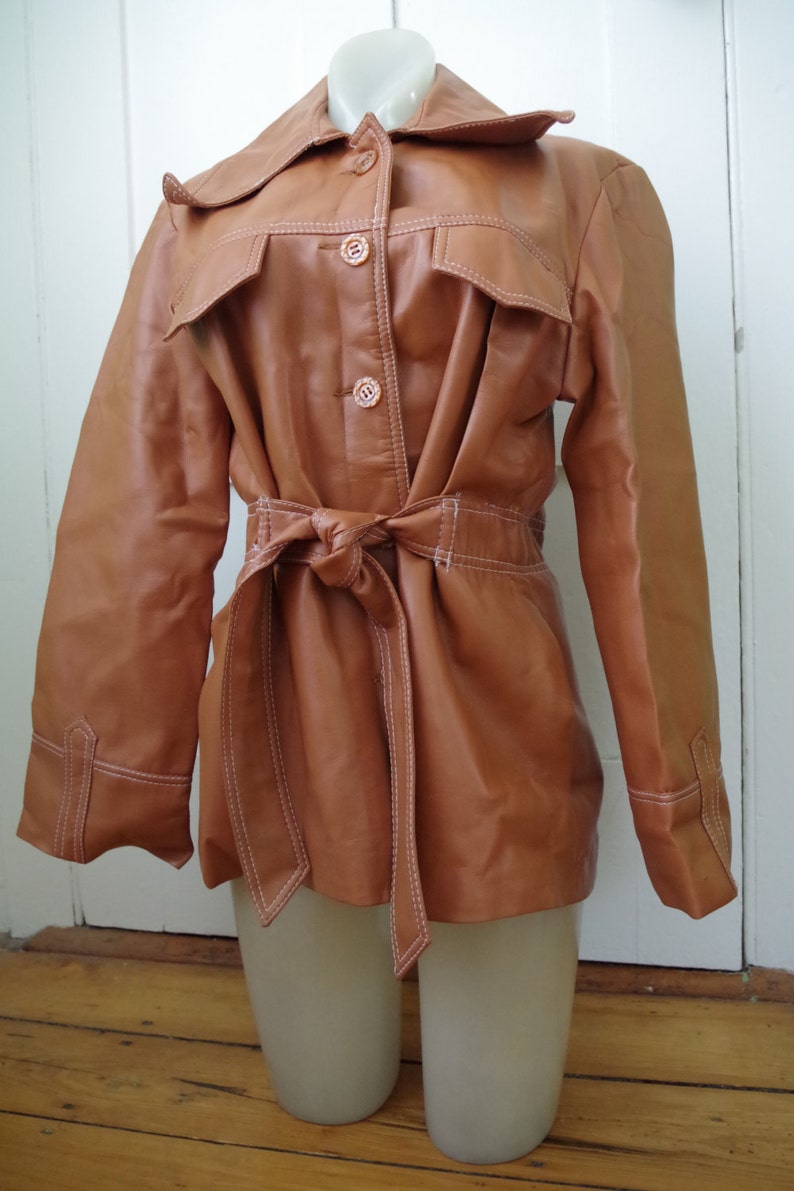 Vintage 1970s Pleather Vinyl Faux Leather Women S Jacket Size L 13 14 Caramel Color
