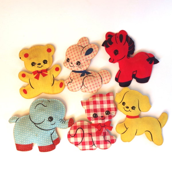 Adorable Vintage 1960s Cloth Cut Out Animals Mounted on Plastic for Decor