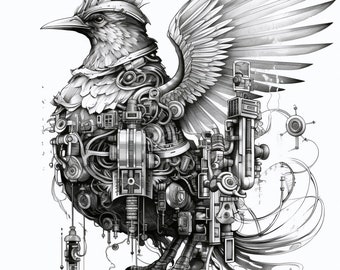 Atmospheric Bird - Dark Navy & White, Stencil Style, Anime-Inspired, Light Gray, Official Art Illustration, Hyper Detailed, 4:5 Ratio Digita