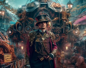 Steampunk Man in City Square - Kinuko Y. Craft & Hans Zatzka Inspired, Mysterious Backdrops, Mark Arian Style, Crimson, 8K High-Resolution