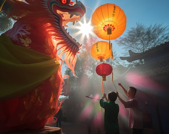 Chinese Lunar Festival - Dragon Lantern Dance, Long Shot, Colorful, Sun Rays, Natural Light, 4K High-Resolution Photos, Instant Download