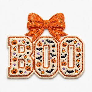 Chenille Boo PNG, Halloween Patch Letters Sublimation, Varsity Boo Shirt Design, Glitter Bow Halloween Clipart, Faux Chenille PNG