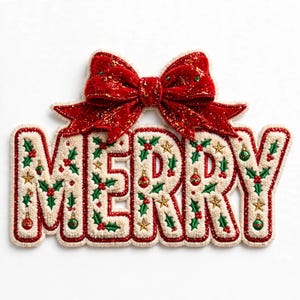 Chenille Merry PNG, Christmas Patch Letters Sublimation, Varsity Merry Christmas Shirt Design, Glitter Bow Clipart, Faux Chenille
