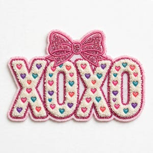 Chenille XOXO PNG, Valentine Patch Letters Sublimation, Varsity Xoxo Shirt Design, Glitter Bow Clipart, Faux Chenille Patch PNG