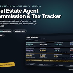 May include: A digital Real Estate Agent Commission & Tax Tracker for Google Sheets. The interface displays an Agent Dashboard with financial metrics, including net commission, profit, tax payments, and cap progress, with 2026 tax rules built in.