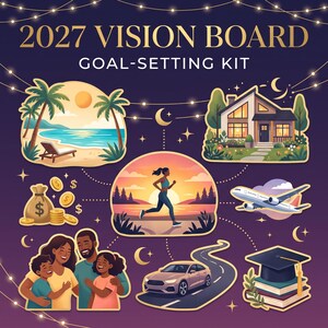 May include: A 2027 Vision Board Goal-Setting Kit featuring stickers of a beach, a house, a money bag, a person running at sunset, an airplane, a family, a car on a road, and a graduation cap on books against a dark purple background.