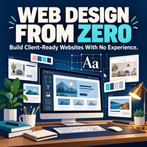 May include: A digital graphic featuring the text WEB DESIGN FROM ZERO and Build Client-Ready Websites With No Experience. The image displays a computer monitor, keyboard, mouse, notebooks, pens, and potted plants on a desk.