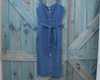 Vintage Denim Tank Dress Stretchy Handmade Snap Closure Size Small