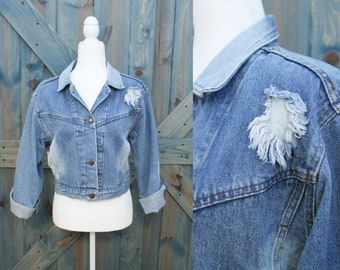 80s Denim Cropped Jacket // 90s Jean Jacket Slouchy Fit Lace Cutout Detail