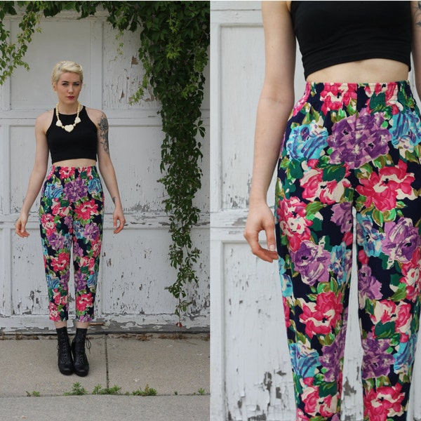 Vintage 90s high waist FLORAL pants // colorful pop art print crop pants // NEON elastic waistband