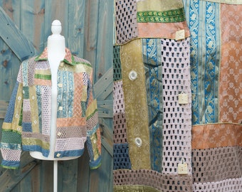 Bohemian Patchwork Jacket // Mixed Fabric Patterned Quilted Lightweight Coat with Collar Size Small