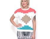 Vintage white sweater shirt // AZTEC print boho design // GEOMETRIC pink green tan sweater tee // southwest short sleeve