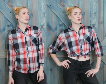 70s 80s Plaid Shirt // Classic Americana Red and Black Checkered // Casual Fit Lumberjack Style