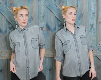 Grey 100% Silk Chambray Shirt // Sophisticated Casual Lightweight Button Down Top // Collared Two Pocket Minimalist Design Deadstock