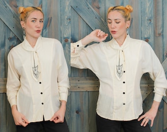 Elegant Cream Silk Blouse by Laurèl // Beaded Vintage Necktie Top // Ivory Chic Button-Down Shirt Size Small Medium