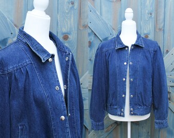 80s Large Jean Jacket // Denim Puffy Sleeve Pleated Slouchy Fit Bomber Jacket Snap Closure Coat Size Large