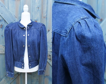 80s Puffy Sleeve Denim Jacket // Jean Pleated Bomber Jacket Snap Closure Coat // Padded Shoulder Stand Collar