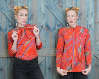 60s 70s Polyester Tie Neck Blouse // Abstract Print Psychedelic Shirt // Vibrant Retro Red Orange Splatter Paint Top