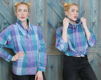 80s 90s Plaid Shirt // Retro Pastel Blue Purple Button-Up // Drawstring Casual Loose Fit Size Medium