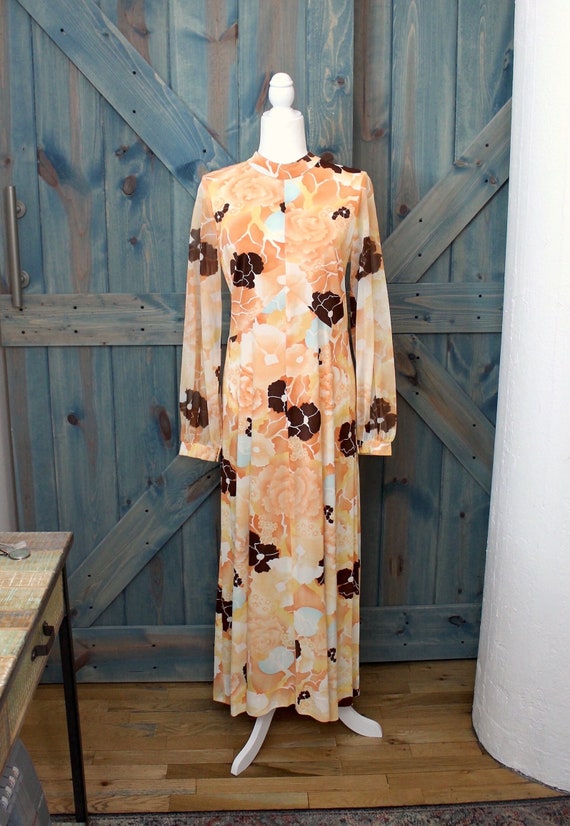 1970s Vintage Psychedelic Floral Maxi Dress Size M