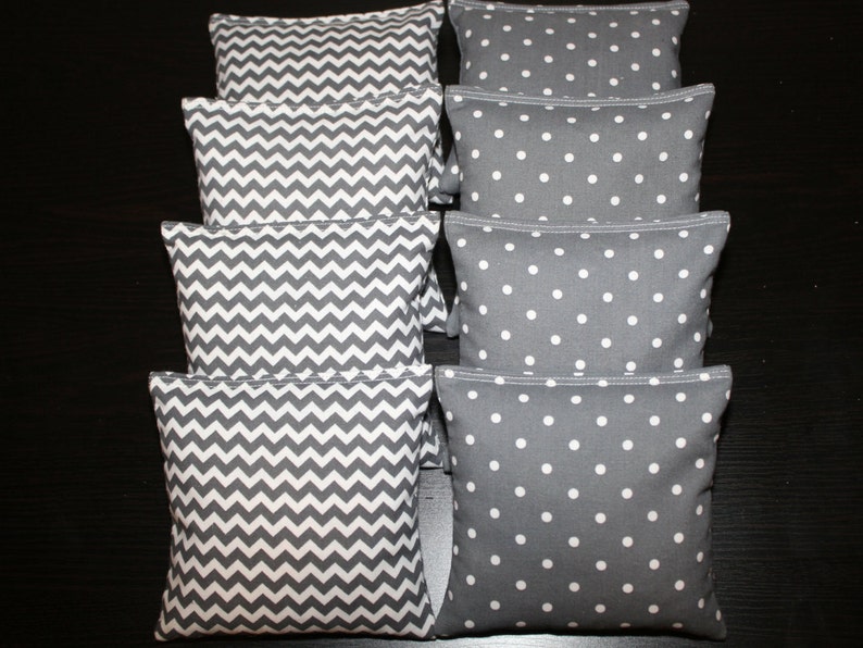 WEDDING Cornhole Bags Silver Grey White Chevron /& Polka Dots 8 ACA Regulation Corn Hole Bean Bags