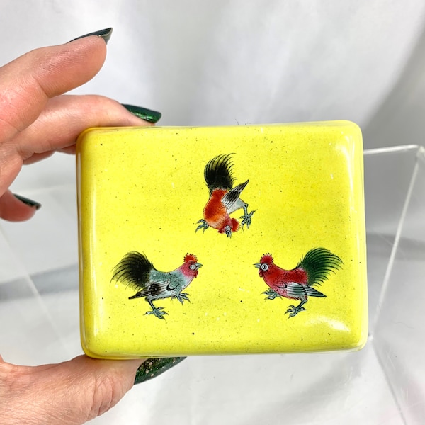 Antique Chinese Yellow Canton Enamel Fighting Rooster Gamecock Box, Signed