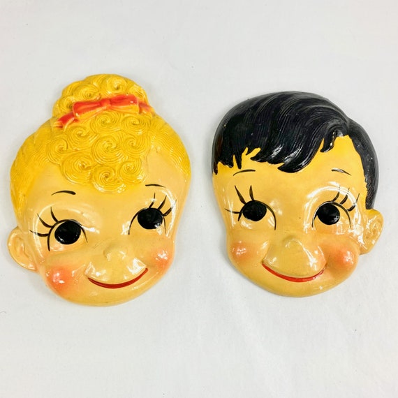 Chalkware Plaster Lacquered Boy and Girl Cartoon Wall Plaques, Midcentury Decor