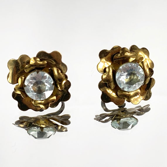 Boucles D'oreilles Vintage Strass Roses Irisées Années 70 - Forme Rectangle, Fermoir Clip, Occasion