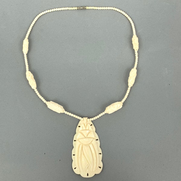 Carved Camel Bone Fine Bead Pendant Necklace