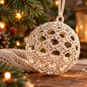 以下が含まれることがあります： メタリックな糸を編み込んだ白いクロシェレース製の球体クリスマスオーナメント。透かし彫りのデザインは、円が連なる幾何学模様が繰り返されており、同色の白い編み込みコードのループで吊り下げられています。