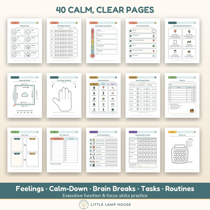 May include: A collection of 40 printable pages titled 40 CALM, CLEAR PAGES, featuring worksheets for feelings, calm-down plans, breathing exercises, brain breaks, task planners, and routine trackers with icons and text for executive function practice.