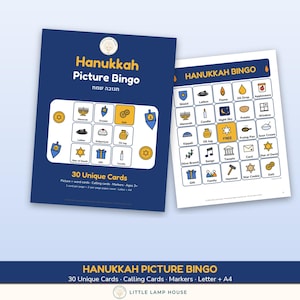 May include: A Hanukkah Picture Bingo game set featuring a dark blue cover page with the text Hanukkah Picture Bingo and a white game card page with a grid of icons including a menorah, dreidel, gelt, and Star of David, totaling 30 unique cards.