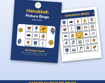 Bingo de Hanukkah para imprimir, 30 cartelas de bingo de Hanukkah para festa infantil em família, bingo ilustrado de feriado judaico em PDF