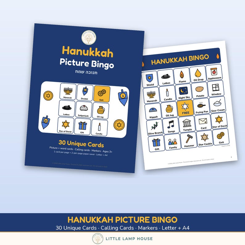 Puede incluir: Un juego de bingo ilustrado de Hanukkah que incluye una portada azul oscuro con el texto Hanukkah Picture Bingo y una tarjeta de juego blanca con una cuadr&iacute;cula de iconos que incluyen una menor&aacute;, dreidel, gelt y la estrella de David.