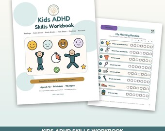 Kids ADHD Workbook Printable, Executive Function Worksheets, Focus and Calm Down Skills, Routine Charts for Kids Ages 6-12 PDF