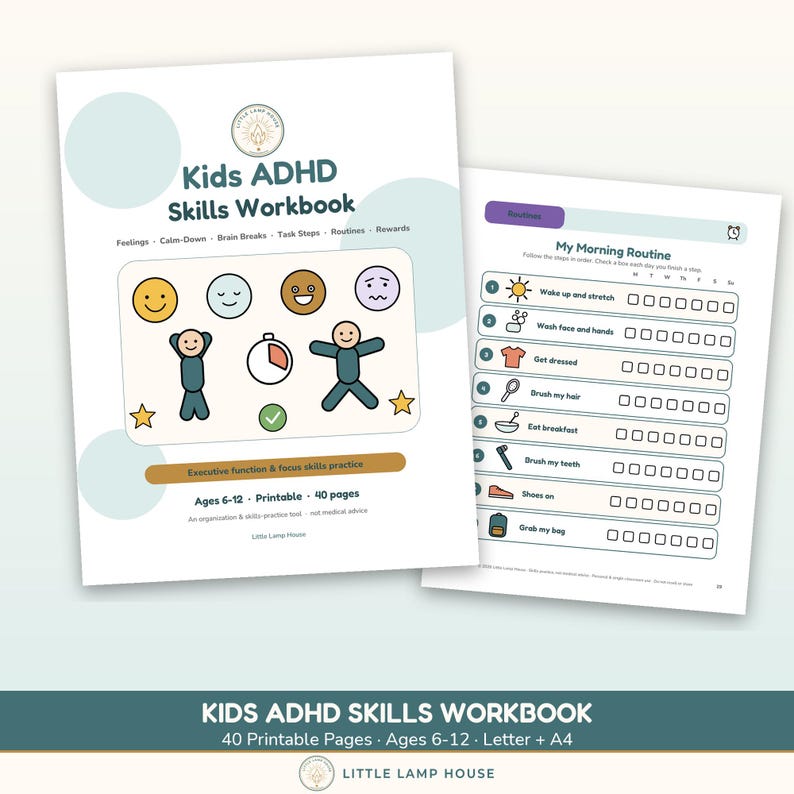 May include: A Kids ADHD Skills Workbook with 40 printable pages for ages 6-12. The cover features colorful icons of faces, a timer, and figures. An interior page shows a My Morning Routine checklist with icons for daily tasks like brushing teeth.